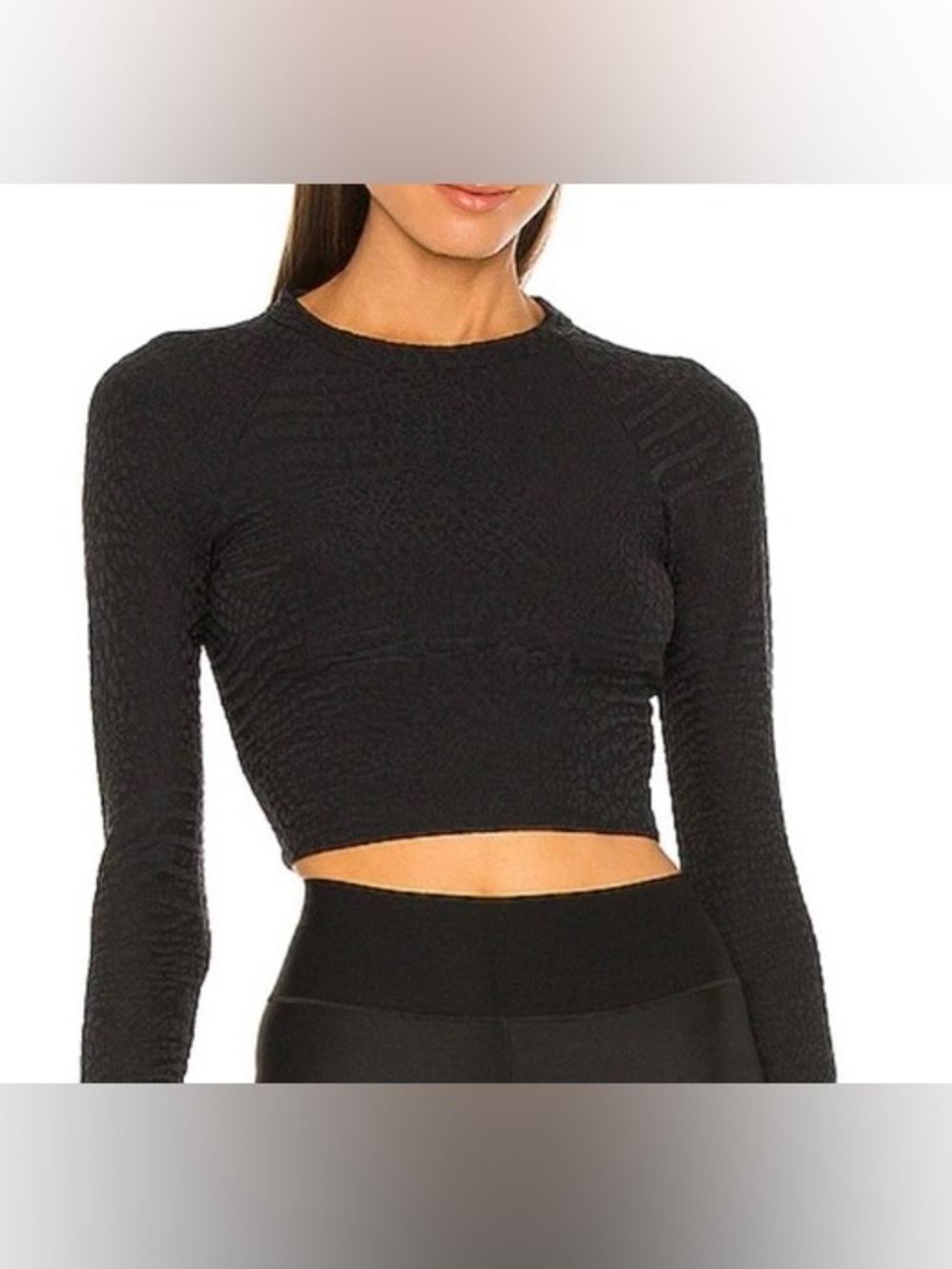 TWENTY MONTREAL Caiman Crocodile 3D Activewear Long Sleeve Crop Top in Jet Black